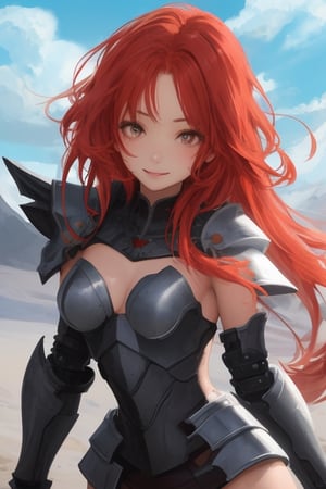 sexy, girl, long hair, beautiful sky, beautiful face, happy, red hair, armored