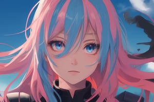 girl, blue and pink hair, shades, blue eye and red eye, armoured, beautiful sky, beautiful sun, heterocromy, red fades