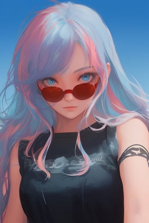 girl, blue and pink hair, shades, blue eye and red eye heterocromy, beautiful sky, red fades