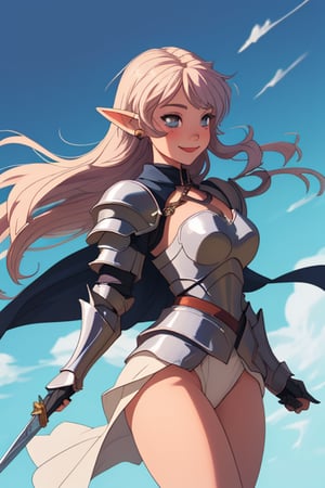 girl, armor, armored, big thighs, big_thighs, thicc thighs, medieval, sword, happy face, beautiful face, make up, piercings, elf ears, beautiful cenario, lights, daggers, beautiful sky, wind