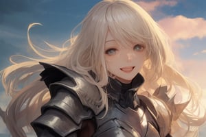 sexy, girl, long hair, beautiful sky, beautiful face, happy, armored