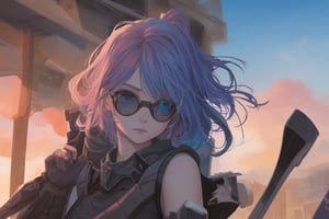 girl, blue and pink hair, shades, blue eye and red eye, armoured, beautiful sky, beautiful sun