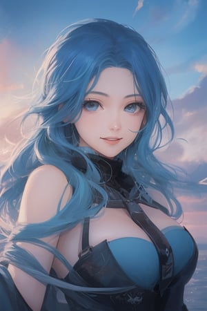 sexy, girl, long hair, beautiful sky, beautiful face, happy, blue hair