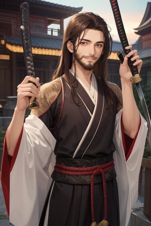 guy, brown hair, long hair, small beard, small mustache, smile, using katana, oriental costume, caotic apoliptical sky