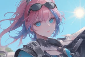 girl, blue and pink hair, shades, blue eye and red eye, armoured, beautiful sky, beautiful sun