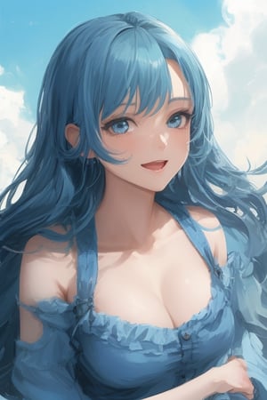 sexy, girl, long hair, beautiful sky, beautiful face, happy, blue hair