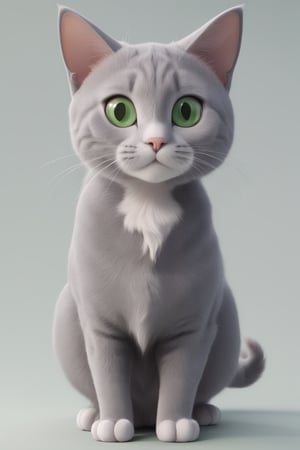 cat, happy, big ears, loving eyes, green eyes,3d style, grey cat