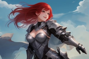 sexy, girl, long hair, beautiful sky, beautiful face, happy, red hair, armored