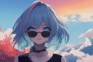 girl, blue and pink hair, shades, blue eye and red eye heterocromy, beautiful sky, red fades