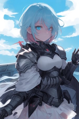 girl, blue and pink hair, shades, blue eye and red eye, armoured, beautiful sky, beautiful sun