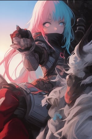 girl, blue and pink hair, shades, blue eye and red eye, armoured, beautiful sky, beautiful sun, heterocromy, red fades