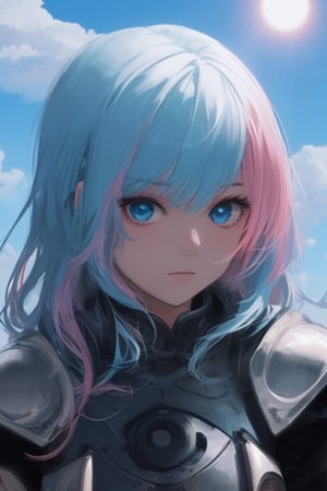 girl, blue and pink hair, shades, blue eye and red eye, armoured, beautiful sky, beautiful sun