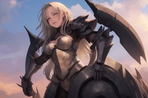 sexy, girl, long hair, beautiful sky, beautiful face, happy, armored