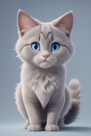 cat, happy, big ears, loving eyes, blue eyes,3d style, grey cat, fluffy
