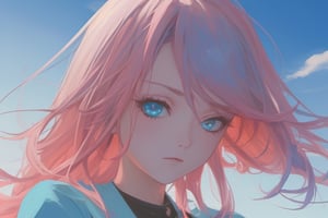 girl, blue and pink hair, shades, blue eye and red eye heterocromy, beautiful sky, red fades