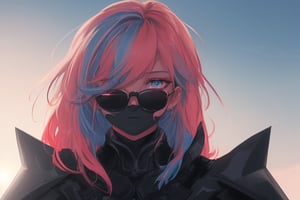 girl, blue and pink hair, shades, blue eye and red eye, armoured, beautiful sky, beautiful sun, heterocromy, red fades