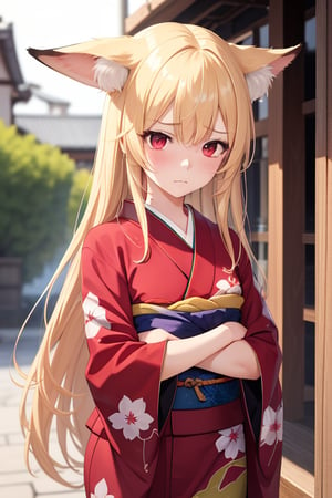 1girl,masterpiece,best quality,blonde long hair,red eyes,fox girl, red kimono,very unhappy