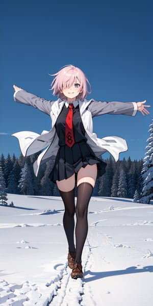 female_solo,smile,spread arms,turning around, Mash Kyrielight,white coat,black shirt,red tie,black skirt, black pantiehose,brown shoes,snow_scene_background