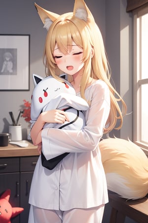 1girl,masterpiece,best quality,blonde hair,fox girl, white sleepwear,hug red doll,yawning,eyes closed,standing