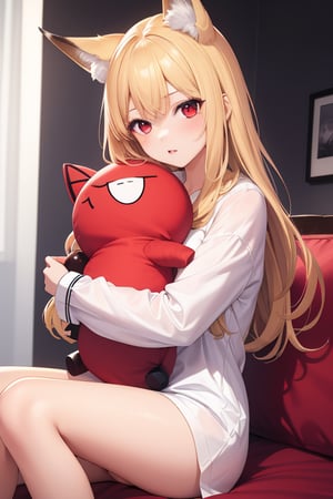 1girl,masterpiece,best quality,blonde hair,red eyes,fox girl,sleepwear,doll hug,incredibly absurdres