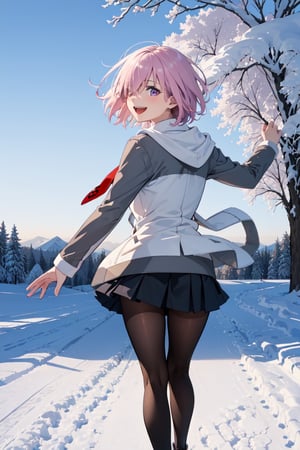 female_solo, laughing,turning around, Mash Kyrielight,white coat,black shirt,red tie,black skirt, black pantiehose,brown shoes,snow_scene_background