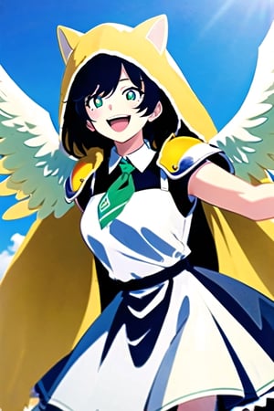 1girl,yellow fur,white dress,green neckwear,white wings,assertive female,laughing,blue sky,shoulder armor,blue pupils,circle skirt