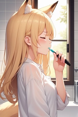 1girl,masterpiece,best quality,blonde hair,fox girl,white sleepwear buttoned shirt,closed eyes,frown,from side,brush teeth