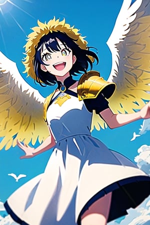 1girl,yellow fur,white dress,white wings,assertive female,laughing,blue sky,shoulder armor,blue pupils,circle skirt,