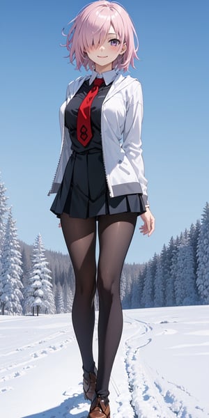 female_solo, smile,arm behind back, Mash Kyrielight,white coat,black shirt,red tie,black skirt, black pantiehose,brown shoes,snow_scene_background