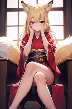 masterpiece,best quality, 1girl,fox girl,blonde long hair,red eyes, red kimono,unhappy,sitting on the throne,crossed legs,hands on face,