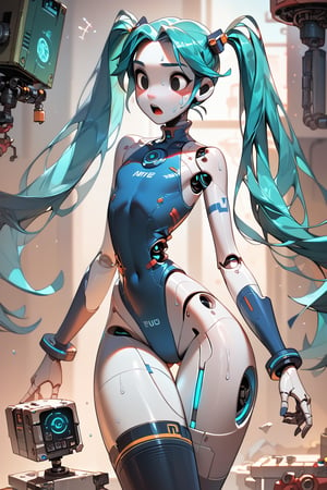 (score_9,score_8_up,score_7_up), 

absurdres, highres, detailed, 

8k uhd, masterpiece, best quality, high quality, ultra-detailed, (highly detailed), 

1girl, android, aqua hair, bare shoulders, black eyes, colored skin, open mouth, robot, screw, solo, standing, sweat, thigh gap, twintails

,Comix_style