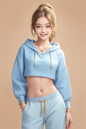 Brunette girl with 1 blond strand, short_ponytail , 2 strands of hair in front, brown eyes, golden eyeshadow, perfect smile, blue_earrings, christian cross necklace, small breast, standing, gold bracelet, white to blue gradient hoodie, croptop, pant, 