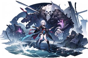 Emenator, dark clothes, katana, splash art, girl, beast skeletons behind