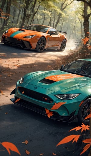 Picture a red sports car racing through a forest adorned with vibrant orange leaves. Behind the wheel, a confident girl wearing sleek sunglasses embodies the thrill of the ride. Bring this exhilarating moment to life in a striking wallpaper."