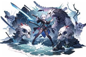 Emenator, dark clothes, katana, splash art, girl, beast skeletons behind