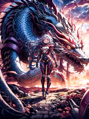 high resolution, image of a beautiful girl wearing a futuristic mechanical suit accompanied by a mechanical style dragon, futuristic ruined city in the background, sunset light in the distance, The general atmosphere is mildly sad but peaceful, transparent bodystocking, mecha, full_body, detailed anatomy, detailed face, extra detailed long multicolored hair, detailed grey eyes, 1 girl, imponent aura, perfecteyes,1 girl,fate/stay background,DragonCute