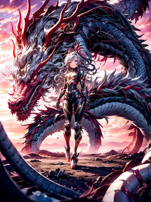 high resolution, image of a beautiful girl wearing a futuristic mechanical suit accompanied by a mechanical style dragon, futuristic ruined city in the background, sunset light in the distance, The general atmosphere is mildly sad but peaceful, transparent bodystocking, mecha, full_body, detailed anatomy, detailed face, extra detailed long multicolored hair, detailed grey eyes, 1 girl, imponent aura, perfecteyes,1 girl,fate/stay background,DragonCute
