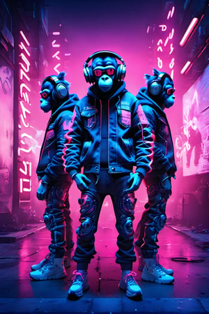 cyberpunk style,neon photography style, three very cool monkeys wearing jeans jackets and headphones striking a pose, full body image, perfect detail, HDR, depth in field, awsome background, Hi-fi, cool street art,cyberpunk
