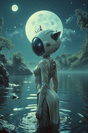 , a pale woman wearing the head of a panda and ragged and torn light white dress, standing knee deep in a lake with the moon hig in the sky behind her, movie still, atmospheric, depth in field, intricate details, masterpiece,Vintage Sci-fi,sci_fic,citronLegacy,scifi