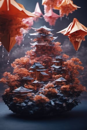 Origami ,dripping paint, a beautifully coloured ancient japanese township on a floating island in the sky, cinematic, atmospheric, powerful image, depth in field, masterpiece,abstact