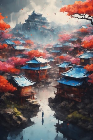 Origami ,dripping paint, a beautifully coloured ancient japanese township on a floating island in the sky, cinematic, atmospheric, powerful image, depth in field, masterpiece