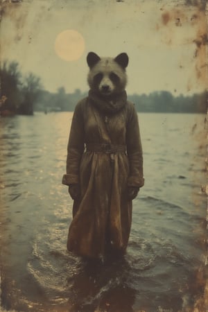 Vintage Sci-fi,35mm B&W vintage street photo of,35mm B&W vintage photo of,Vintage Sci-fi,An aged worn sepia monochrome, a pale woman wearing the head of a panda and ragged and torn clothing, standing knee deep in a lake with the moon hig in the sky behind her, movie still, atmospheric, depth in field, intricate details, masterpiece,Vintage Sci-fi,Faded Old Photo