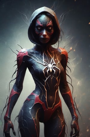 a female spiderwoman (insectoid) in a torn spidercostume, gritty,cinematic,atmospheric, ultra high resoloution, perfect quality, full body image