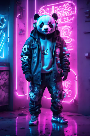 cyberpunk style,neon photography style, a very cool panda wearing a jeans jacket and headphones striking a pose, full body image, perfect detail, HDR, depth in field, awsome background, Hi-fi, cool street art