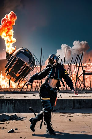 urban techwear, in an alien wasteland a female astonaut in dancing and grooving, a crashed spacecraft is burning in the background, full body image