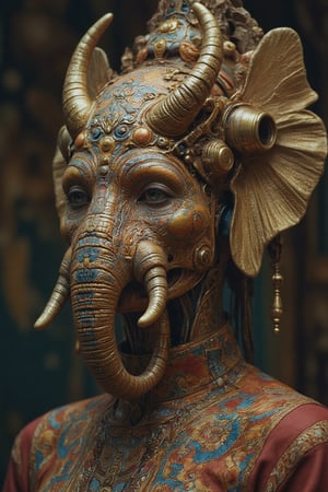 intricate portrait, portrait of a man wearing a cyborg elephant head, as if going to a maskerade, seen from the front, intricate details, beautiful, masterpiece,90's.hanna