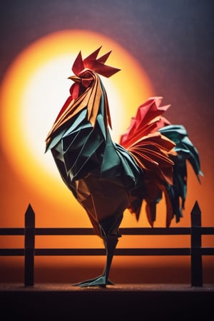 Origami ,dripping paint, a beautifully coloured rooster standing on a fence with the sun rising in the background, full body image, cinematic, atmospheric, powerful image, depth in field, masterpiece