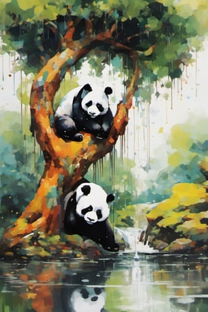 dripping paint, a panda sitting under a giant tree next to a water stream