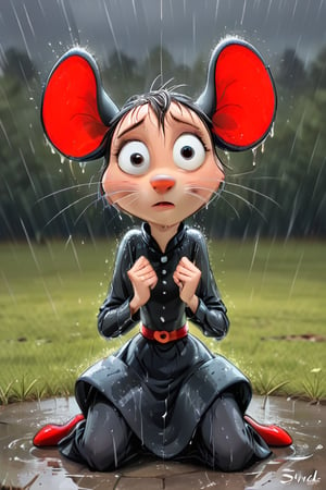 disney pixar style, a mouse comforting a smal kitten that is afraid of the rain and thunder