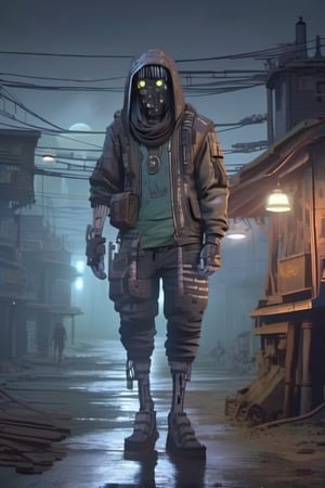 a cool slick cybernetic human hacker, hair made out of chords, walking the streets of a gritty sci-fi shanty town, facing viewer, fog, moonlit night, cinematic, atmospheric, full body image, depth in field, masterpiece, extremely detailed,arcane